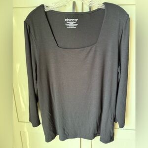 EUC Chico's Classic Black Squatw Neck Tee SZ 2/Lrg